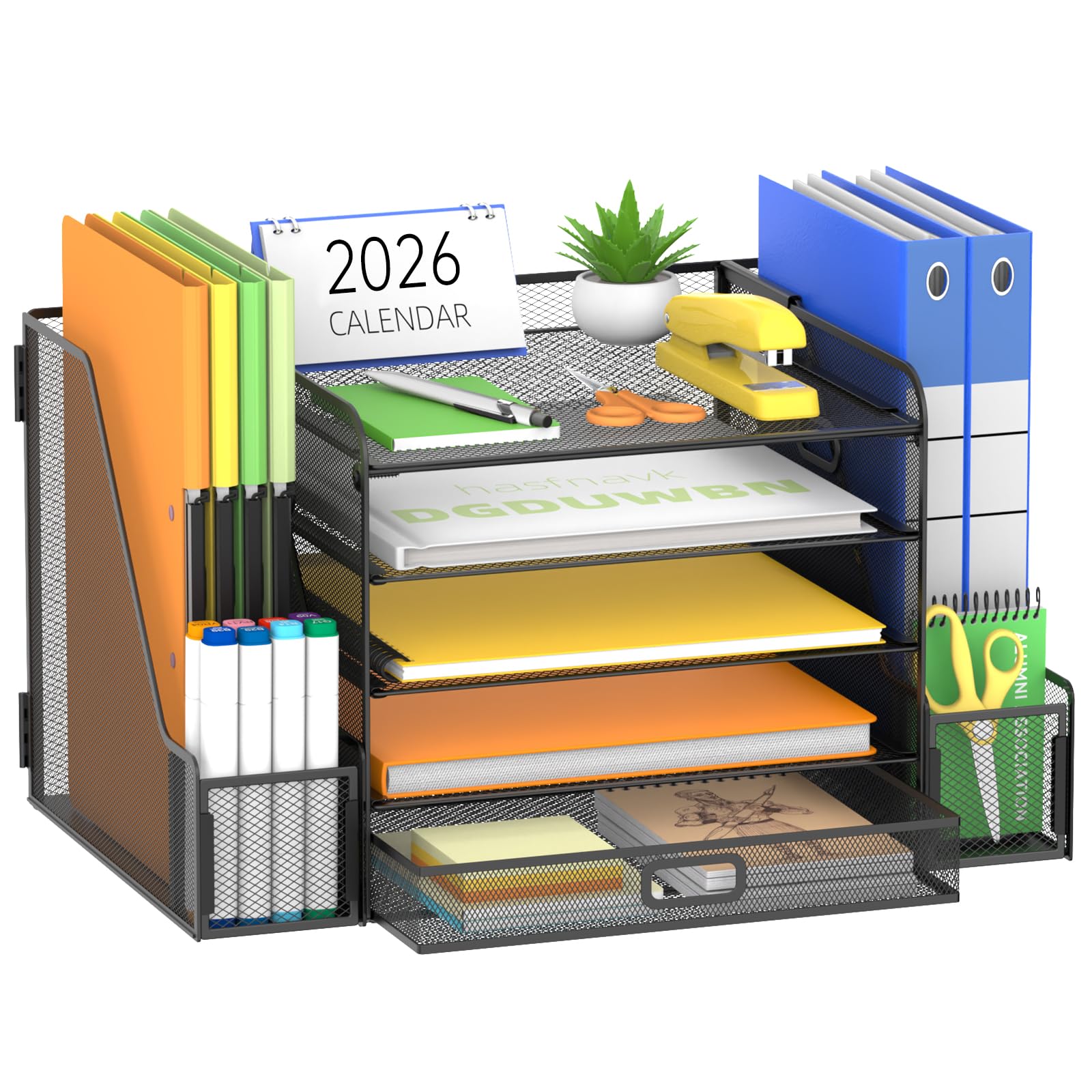 SUPEASY Mesh Desk Organizer with File Holder, 5-Tier Paper Letter Tray Organizer with Magazine