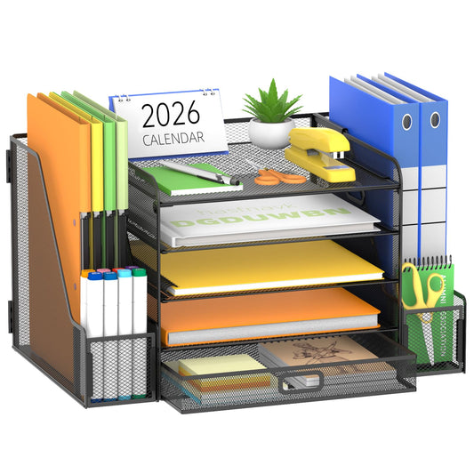 SUPEASY Mesh Desk Organizer with File Holder, 5-Tier Paper Letter Tray Organizer with Magazine