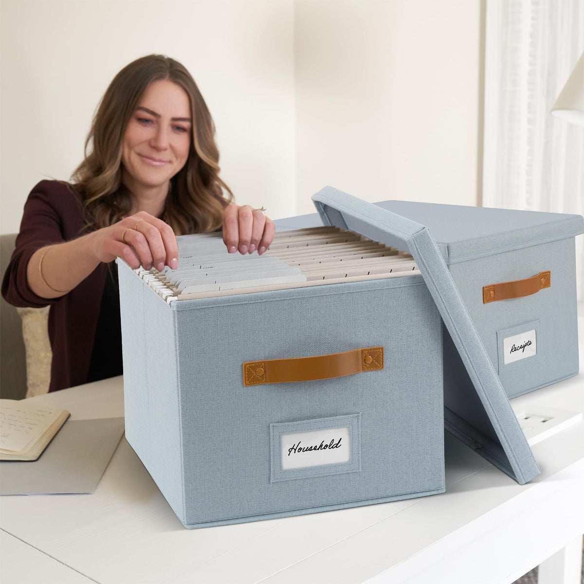 Decorative File Organizer Box Set of 2 - Collapsible Linen Filing Cabinets
