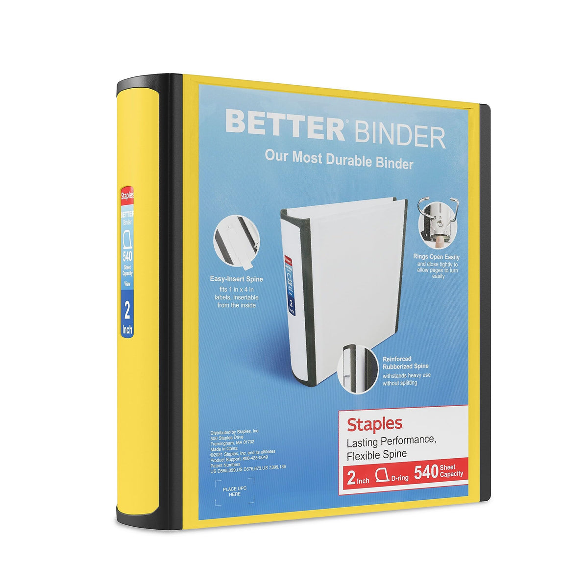 Staples Better Binder, 2 Inch D-Ring, Yellow, 540 Sheets, 2-Pack