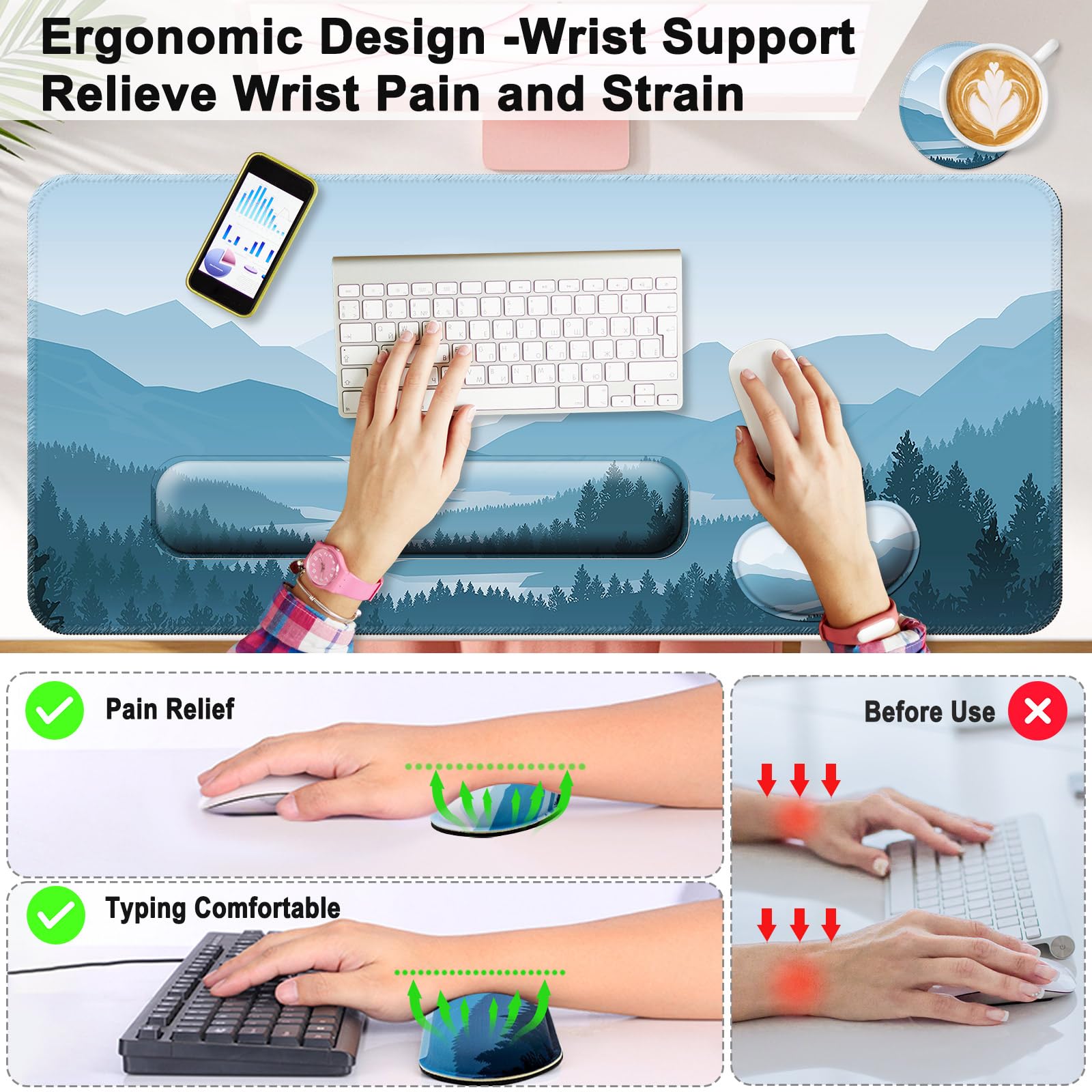 4 in 1 Mouse Pad and Keyboard Wrist Rest,Large Desk Mat,Coaster Set-Forest