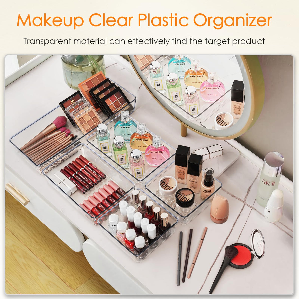 Criusia Drawer Organizer, 10 Pack Large Clear Plastic Set, 3 Size Versatile Bathroom and Vanity