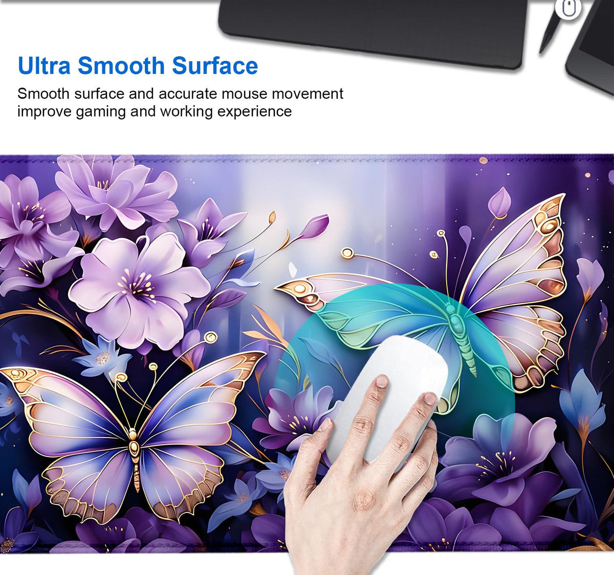 IMAYONDIA Gold Butterfly Desk Pad, Purple Flowers Large Mousepad, Floral Desk Mat, Modern Beutiful
