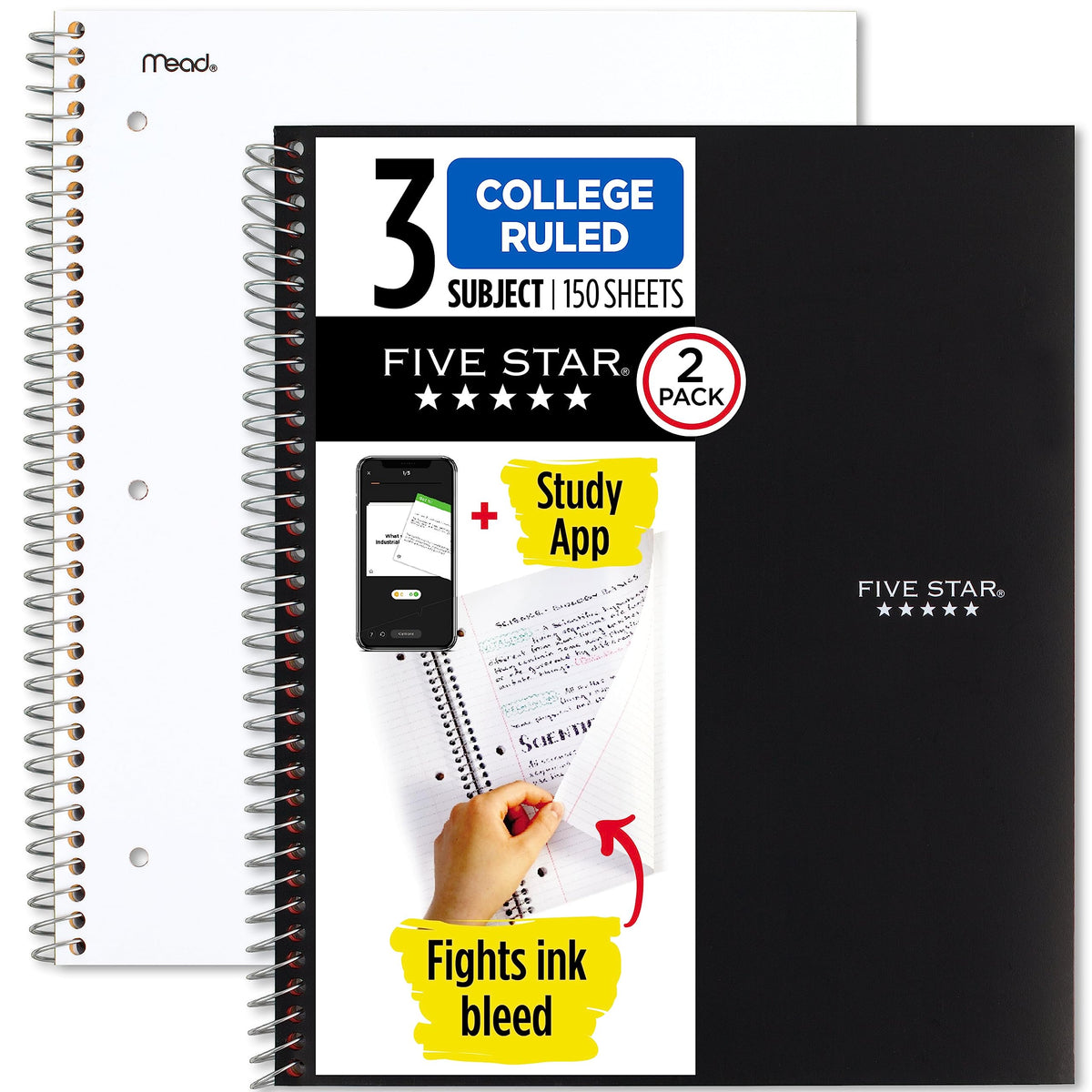 Five Star Spiral Notebooks + Study App, 2 Pack, 3 Subject, College Ruled Paper, 11" x 8-1/2", 150