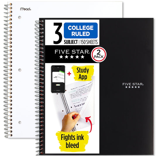 Five Star Spiral Notebooks + Study App, 2 Pack, 3 Subject, College Ruled Paper, 11" x 8-1/2", 150