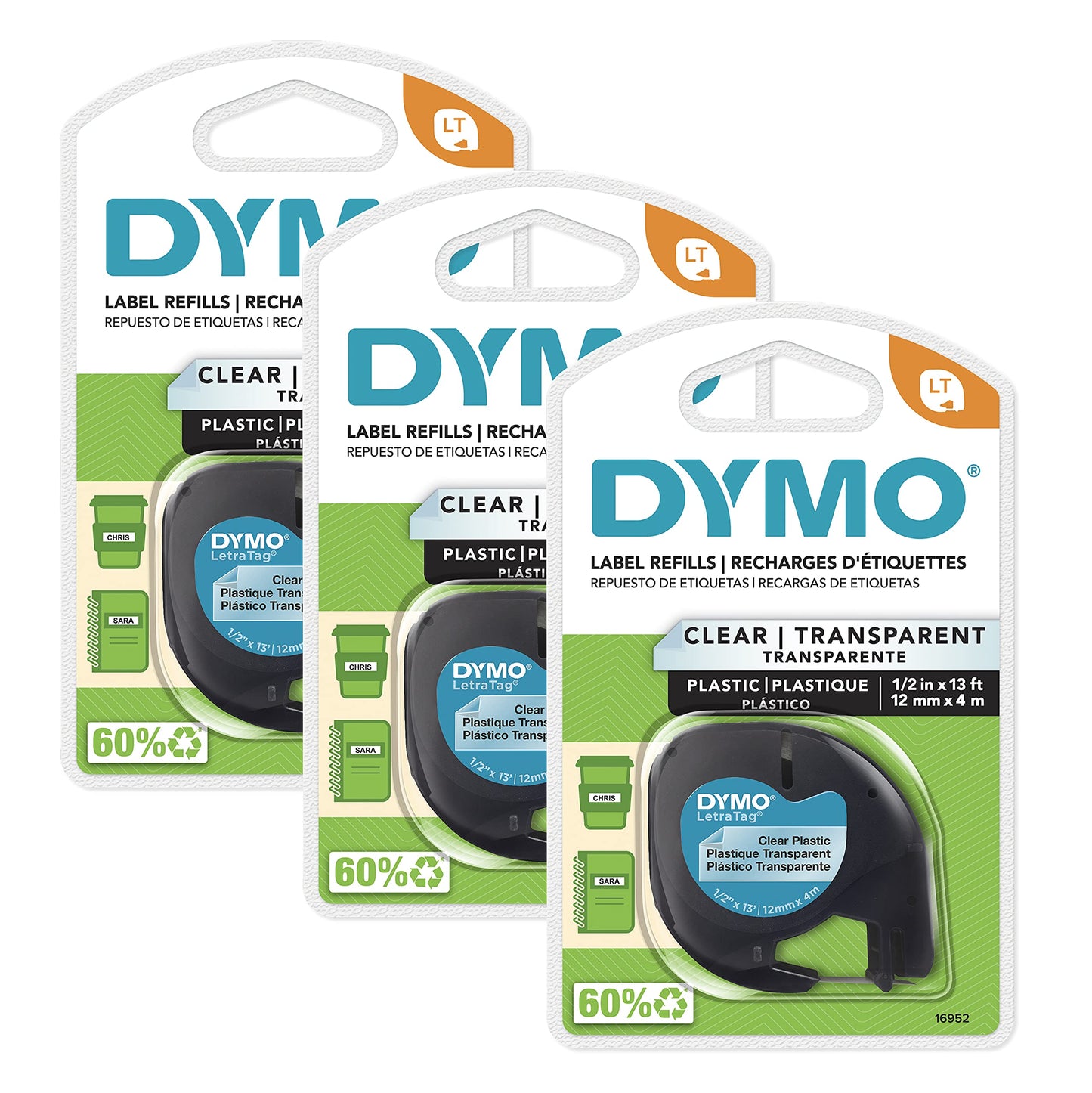DYMO LT Labeling Tape for LetraTag Label Makers Black Print on Clear Labels 1/2" x 13-Foot Rolls 3