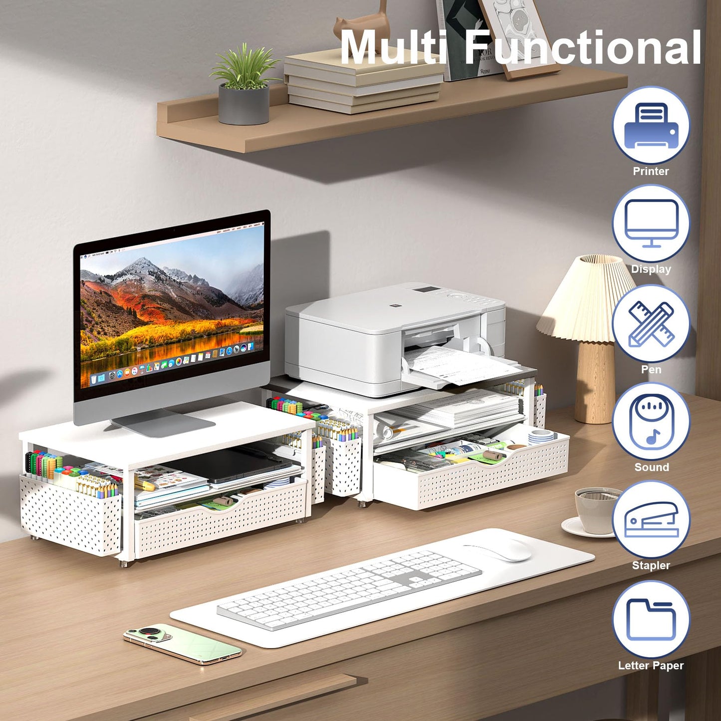 Spacrea Desk Organizers and Accessories, Printer Stand with Storage, White