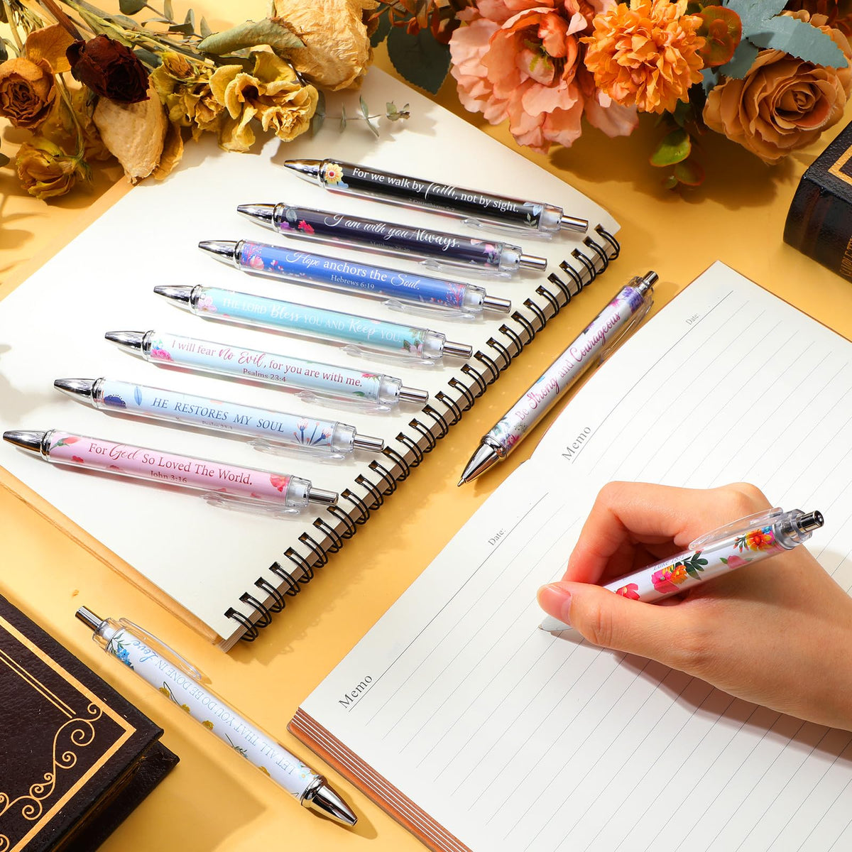 Qeeenar 50 Pcs Bible Verse Pens Christian Gift,Luxuriant Flowers