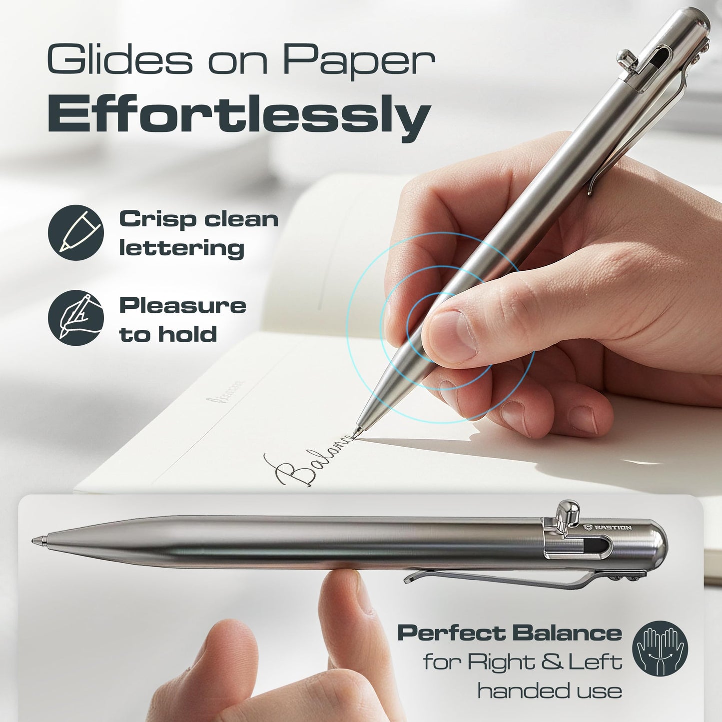 BASTION Bolt Action Pen, Stainless Steel Silver, HyperBolt & ZeroSeam EDC Pen, Refillable Metal