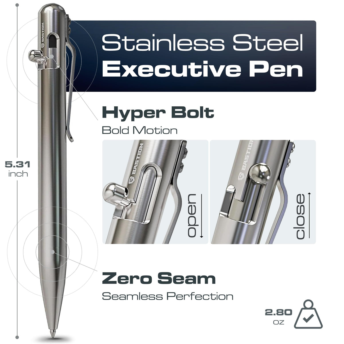 BASTION Bolt Action Pen, Stainless Steel Silver, HyperBolt & ZeroSeam EDC Pen, Refillable Metal