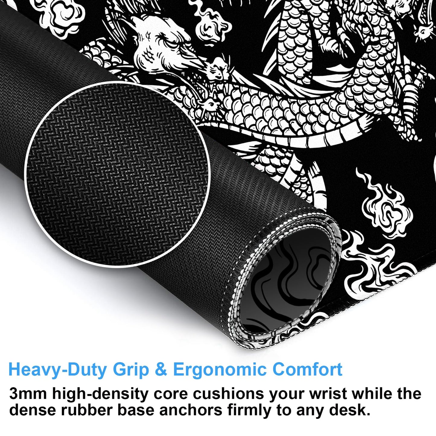 Cindasun Japanese Black White Dragon Desk Mat, XL Large Gaming Mouse Pad