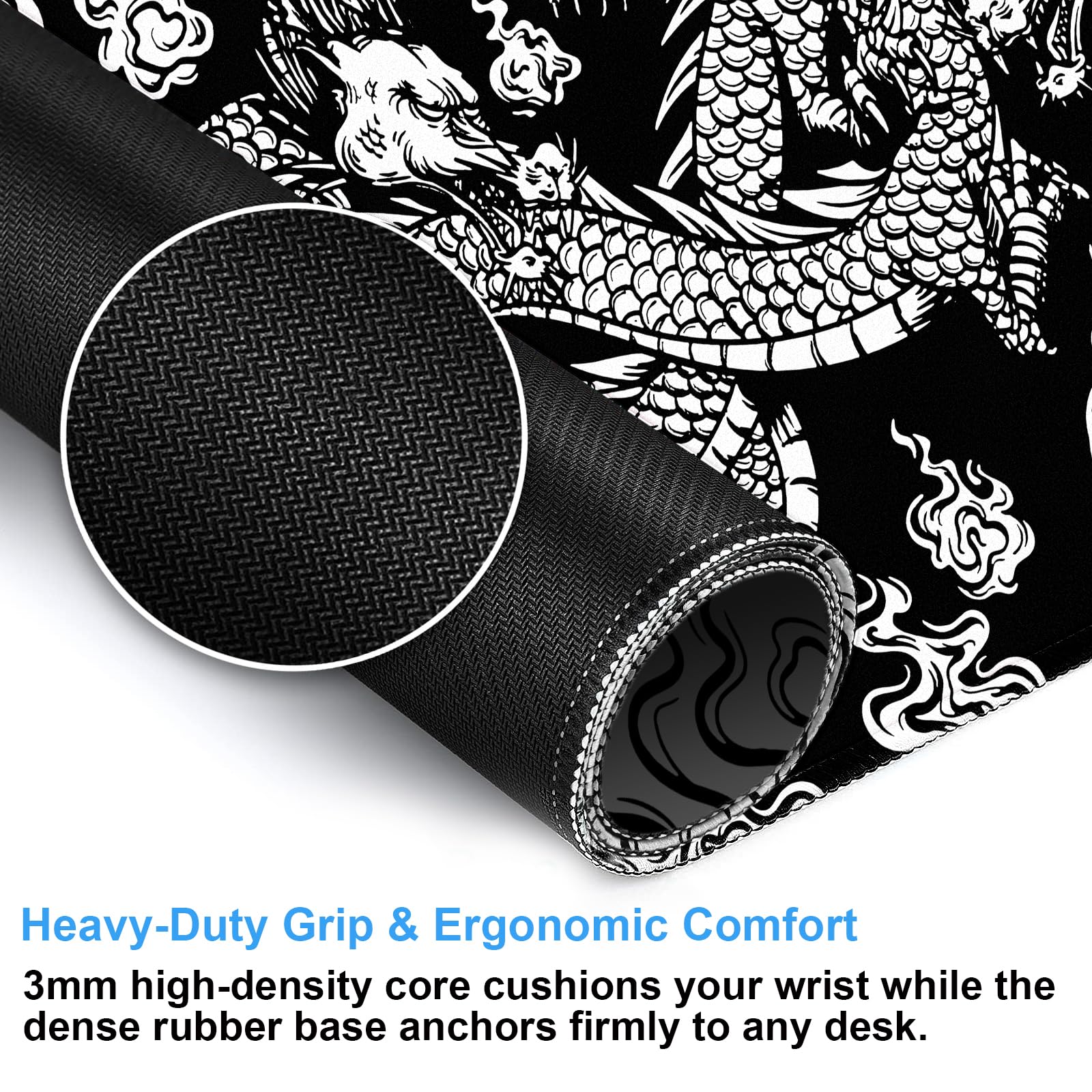Cindasun Japanese Black White Dragon Desk Mat, XL Large Gaming Mouse Pad