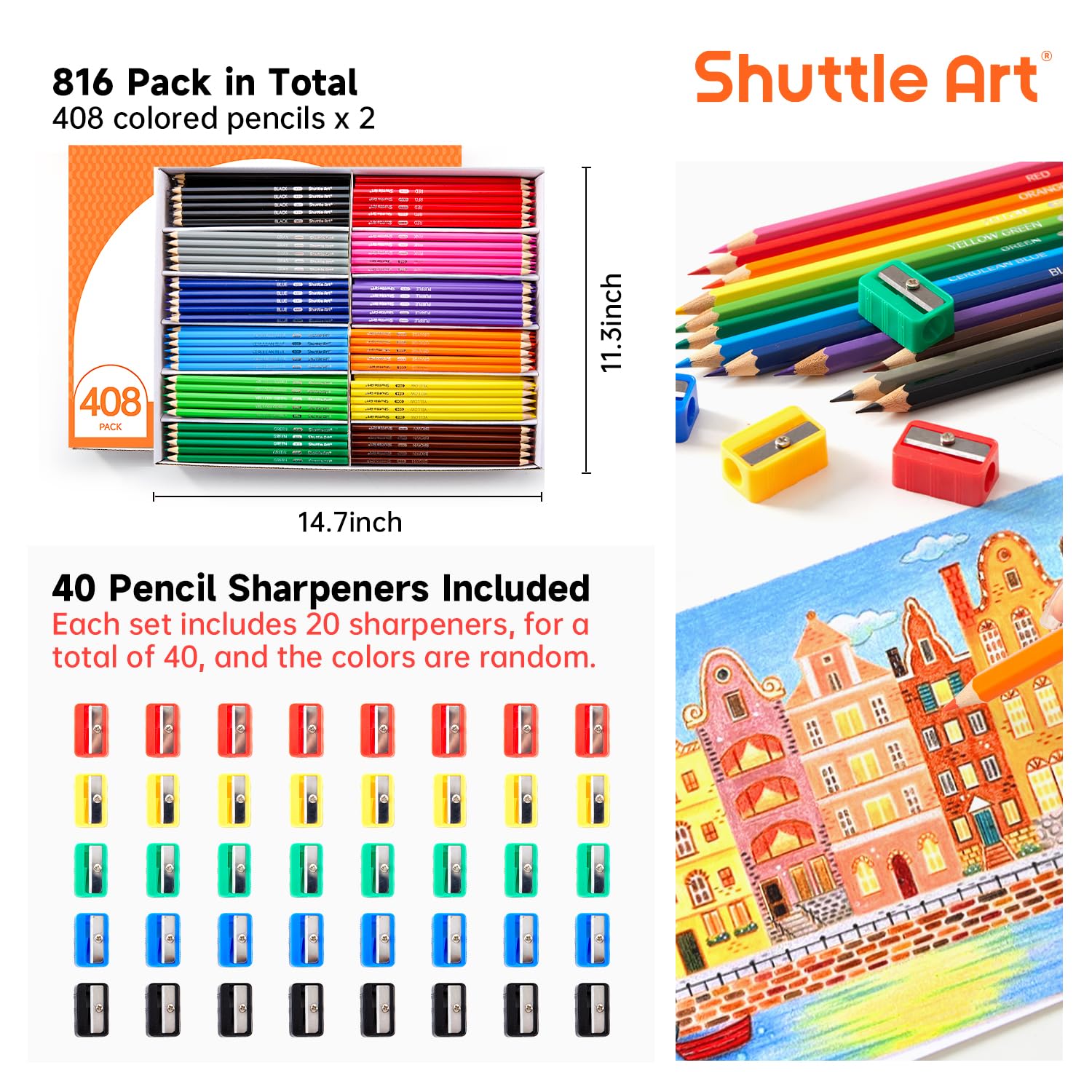 Shuttle Art 816 PCS Colored Pencils Bulk, 12 Colors, Pre-sharpened for Kids