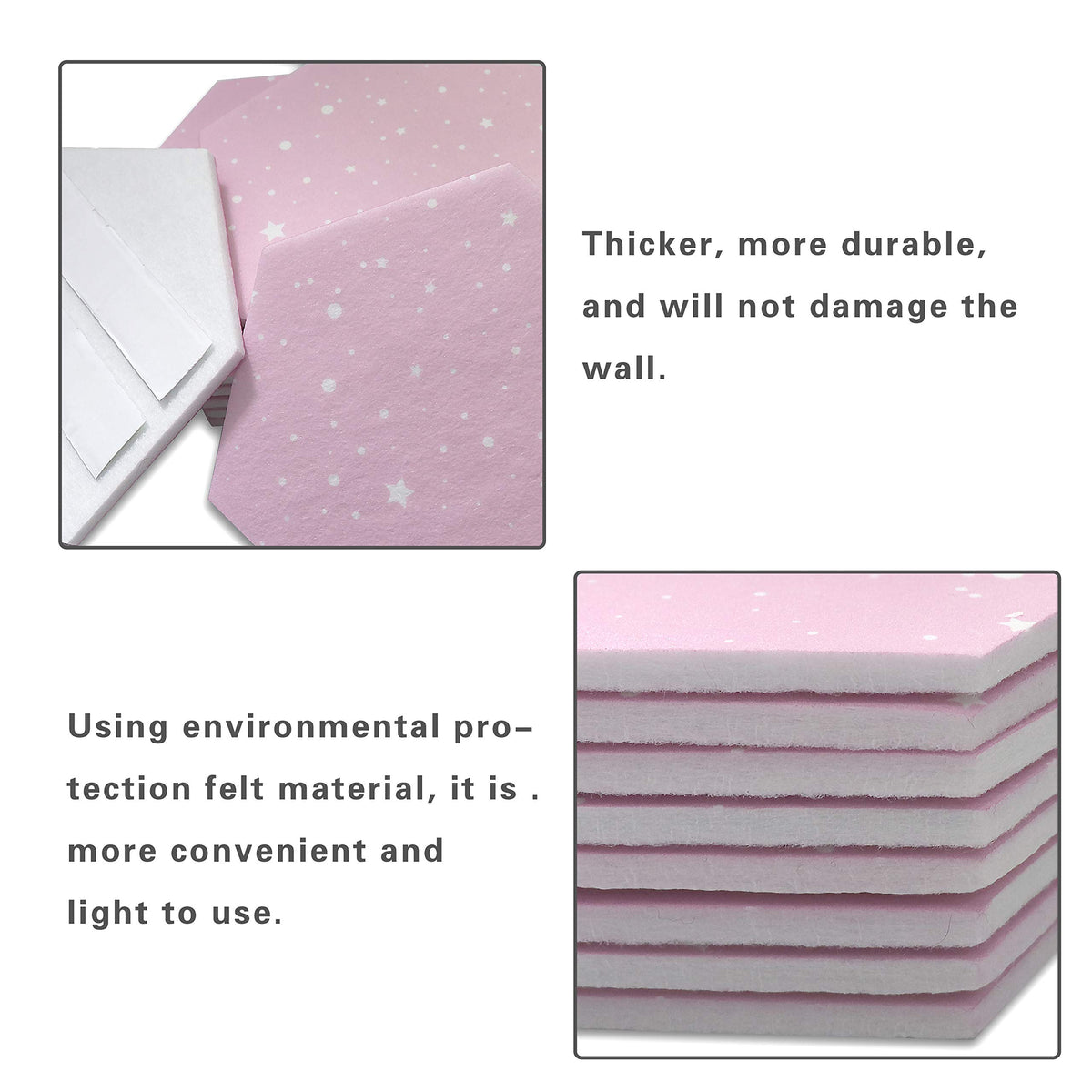 Fovasen 8 Pcs Felt Hexagon Cork Board Tiles, Self-Adhesive Notice Board Pink Wall Tiles with Push