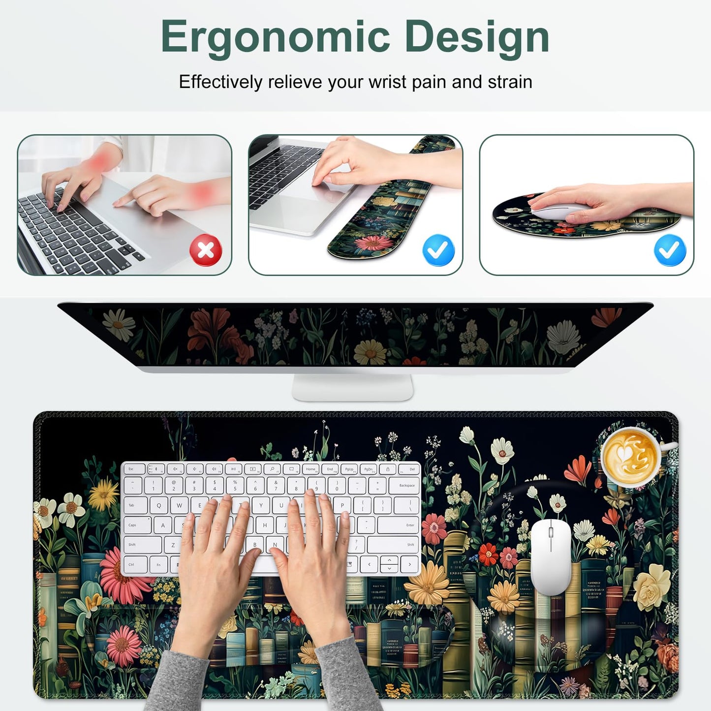 Wildflowers Mouse Pad, Large Desk Mat Extended Nature Botanical Aesthetic Deskpad, 4 PCS Non-Slip