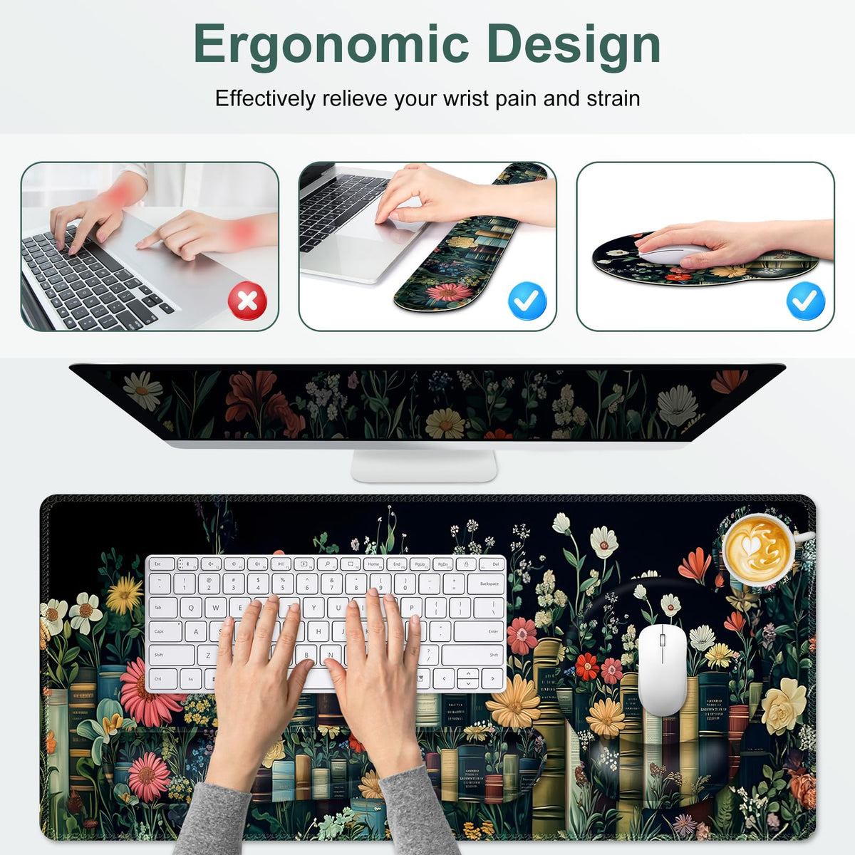 Wildflowers Mouse Pad, Large Desk Mat Extended Nature Botanical Aesthetic Deskpad, 4 PCS Non-Slip