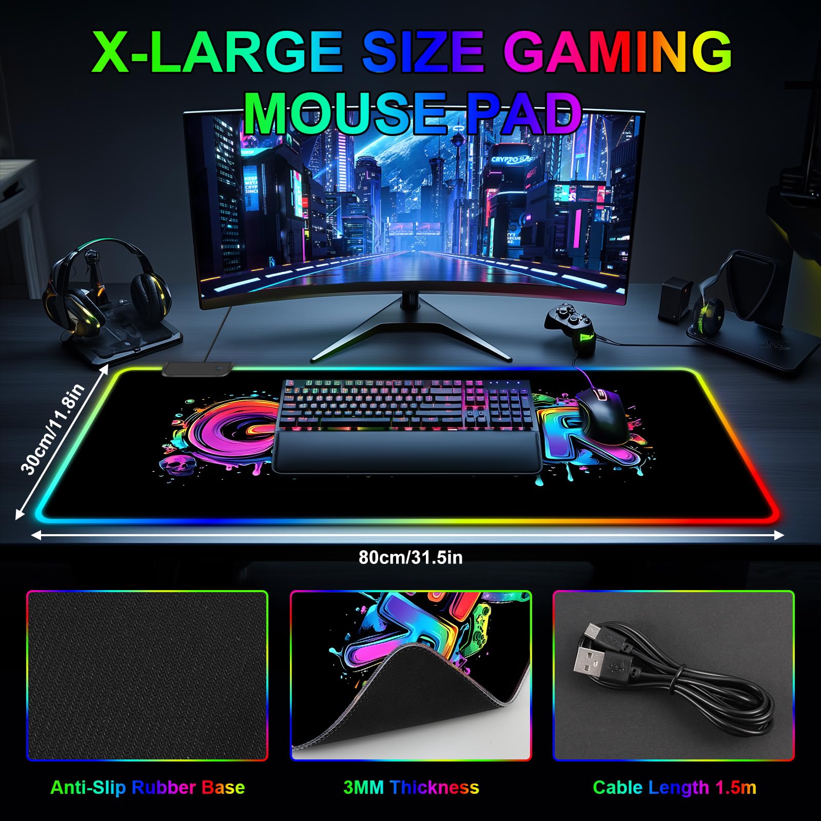 Mouse Pad 31.5 X 11.8 Inches RGB Mouse Mat with 13 Light Modes