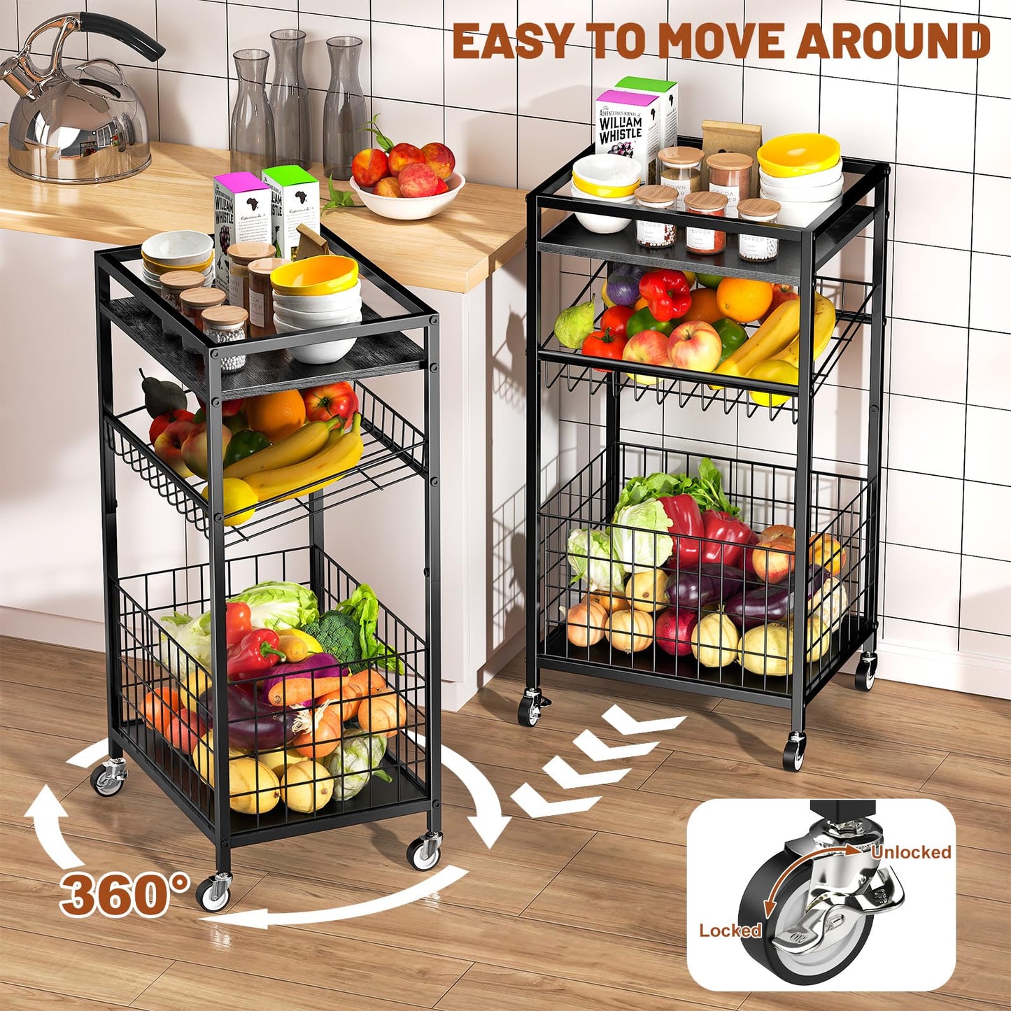 Kssiaz Fruit Vegetable Cart, 3-Tier Snack Cart on Wheels & Wood Top, Black
