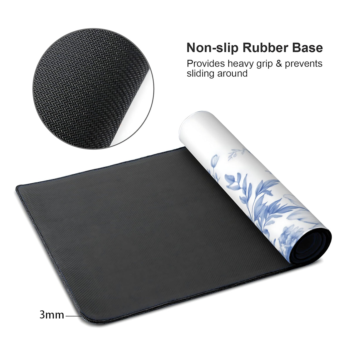 Floral Aesthetic Lotus Gaming Mouse Pad, White Blue Chinoiserie Desk Mat with Anti-Slip Base &