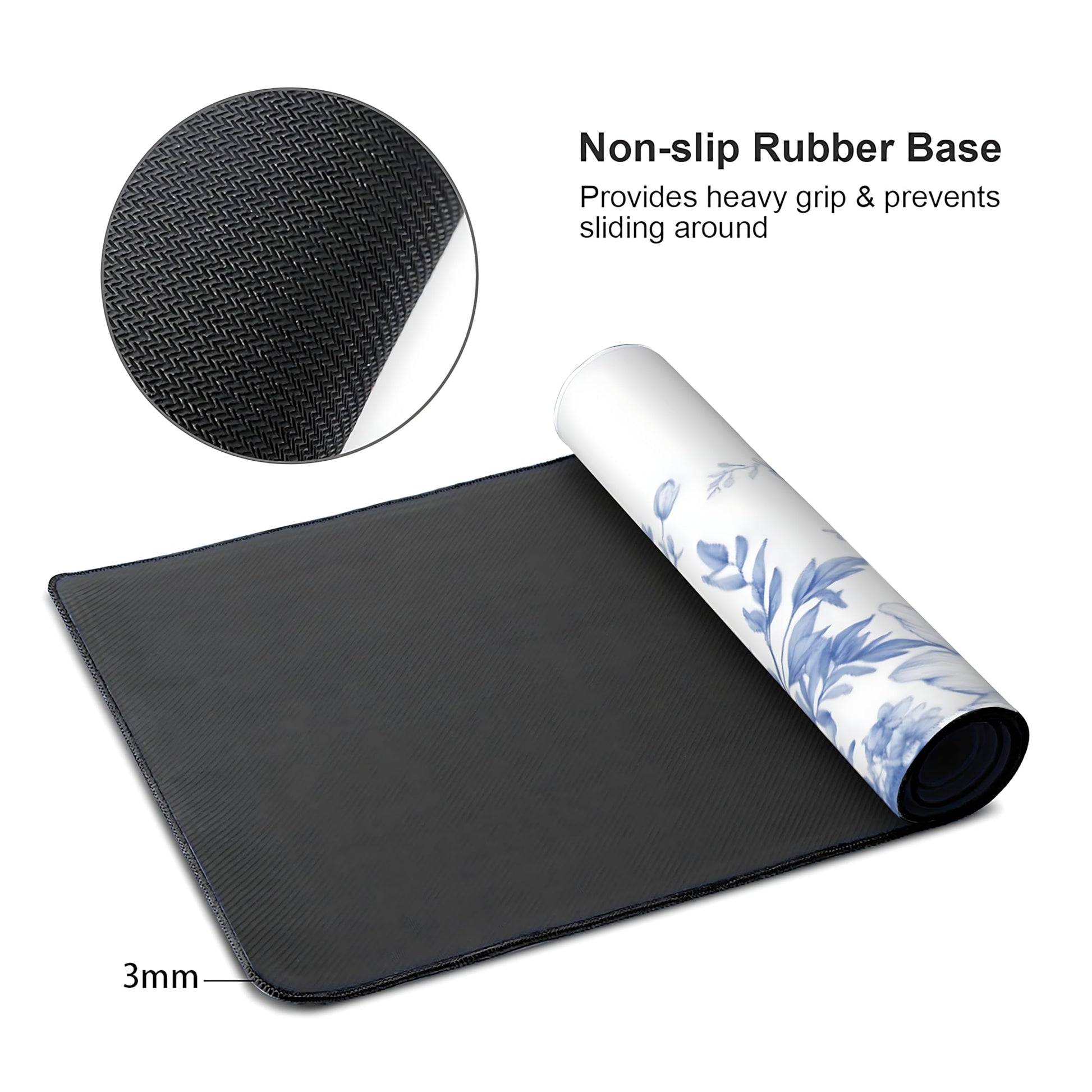 Floral Aesthetic Lotus Gaming Mouse Pad, White Blue Chinoiserie Desk Mat with Anti-Slip Base &