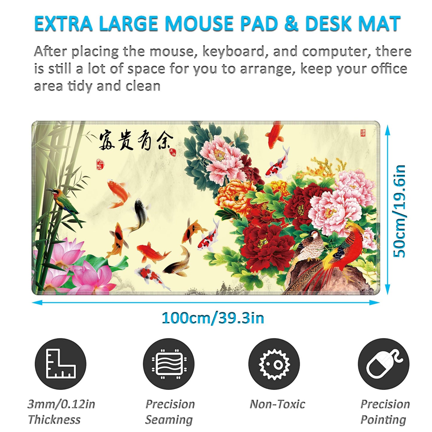 LL-COEUR XXL Landscape Gaming Mouse Pad Computer Keyboard Mat Office Desk Pad (Fish, 39.3" x 19.6"