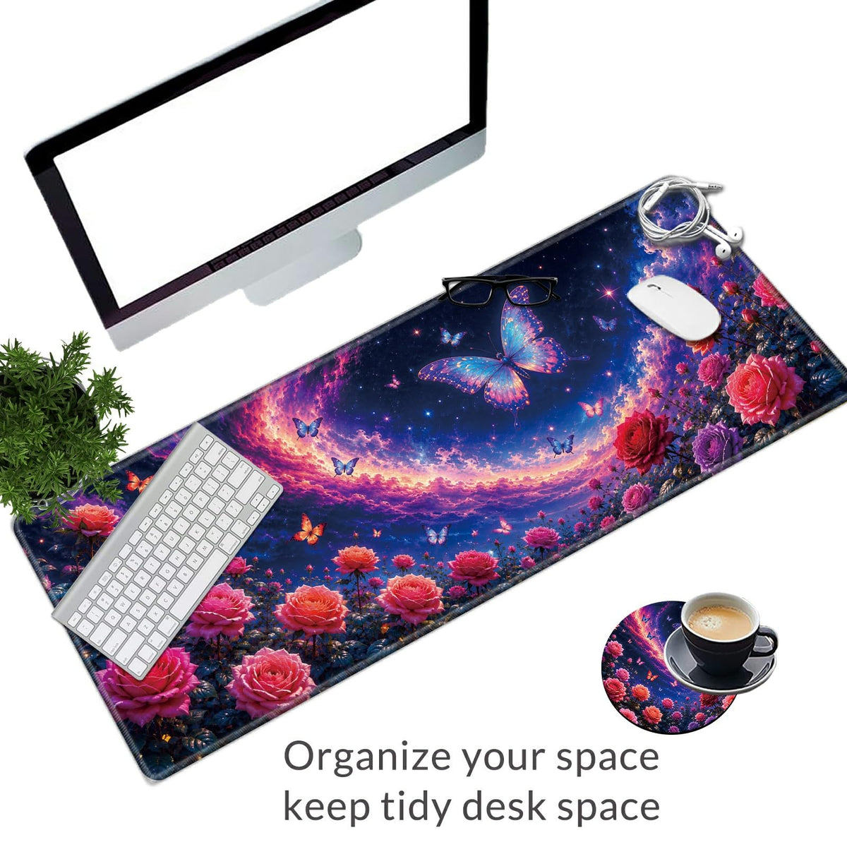 Cosmic Butterfly Garden Large Mouse Pad, 31.5 x 11.8 in Extended Desk Mat
