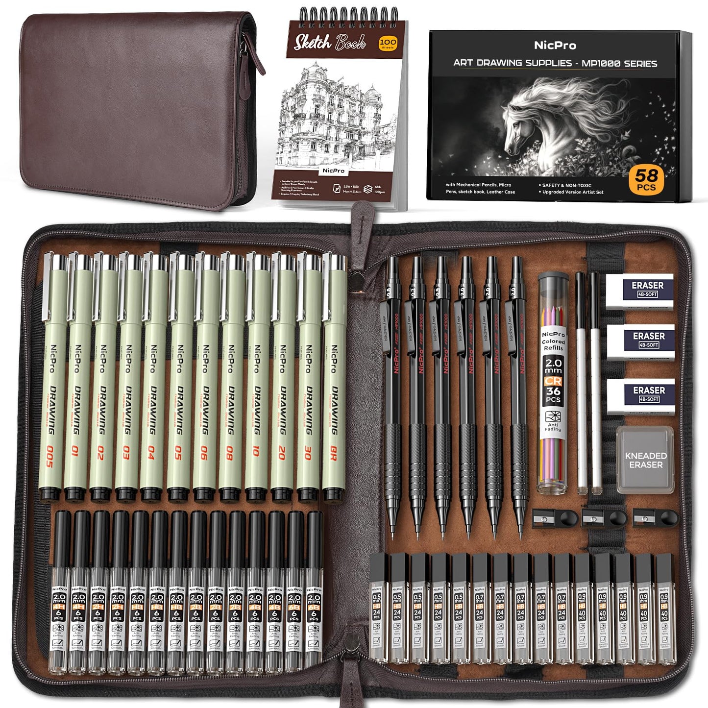 Nicpro 58PCS Art Drawing Supplies Kit in Leather Case,Pro Art Kit for Adult