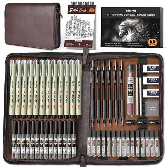 Nicpro 58PCS Art Drawing Supplies Kit in Leather Case,Pro Art Kit for Adult