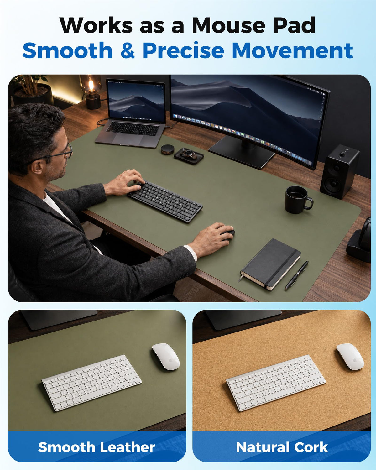 Aothia Dual-Sided Desk Mat - Natural Cork & Leather Desk Protector, Large Mouse Pad & Writing Pad