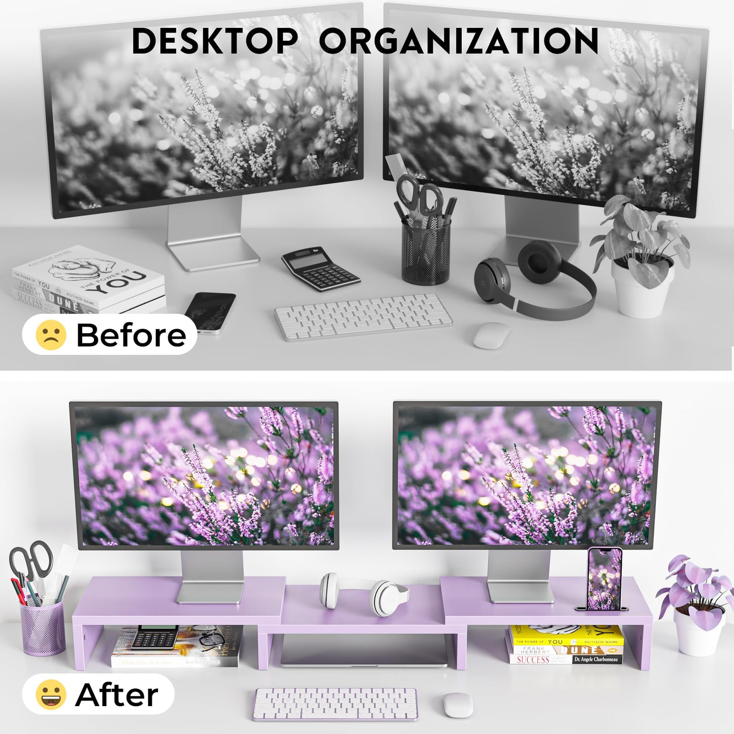 BONTEC Dual Monitor Stand Riser, Adjustable Length & Swivel Angle, Purple
