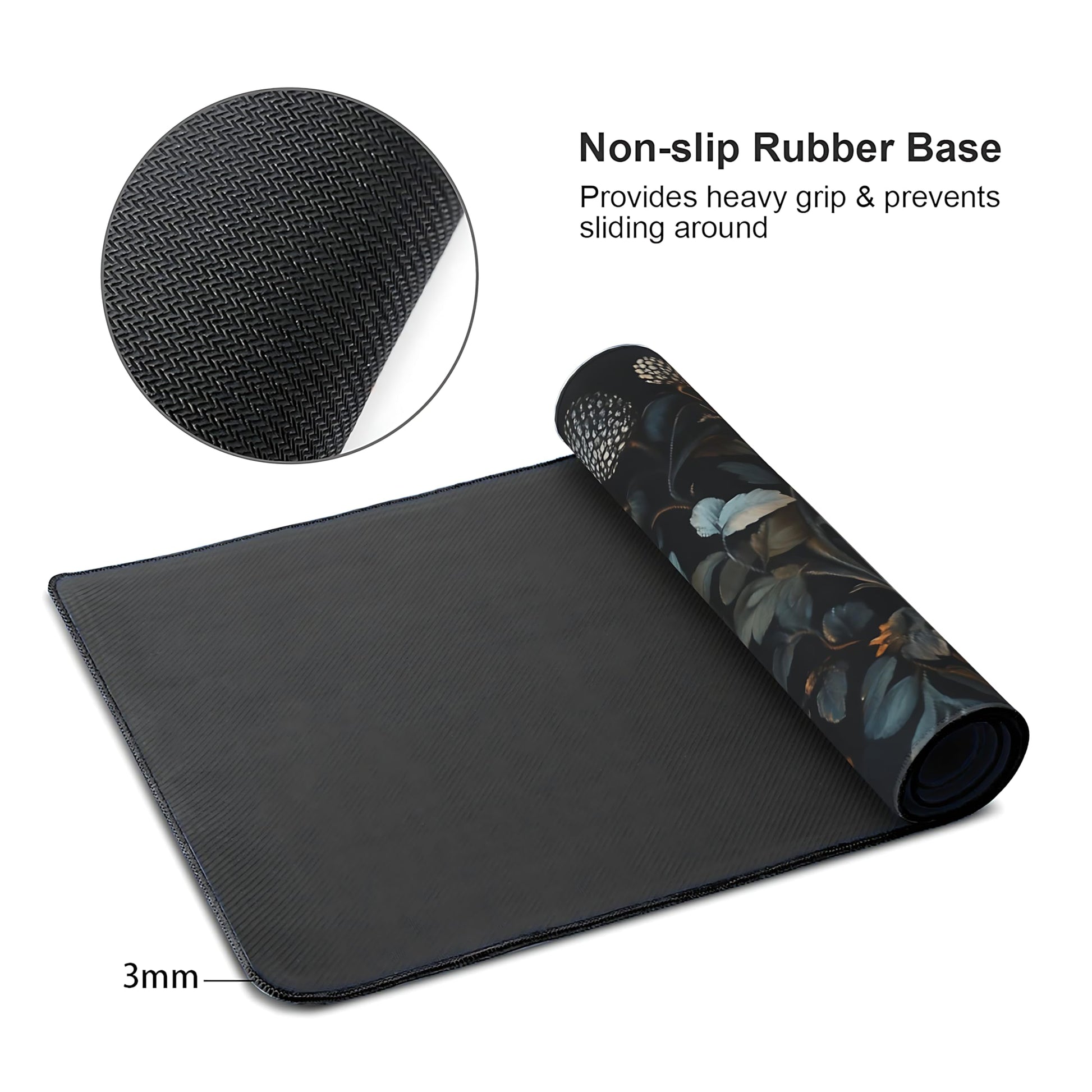 Floral Aesthetic Flower Bud Gaming Mouse Pad, Black Dark Botanical Desk Mat with Anti-Slip Base &