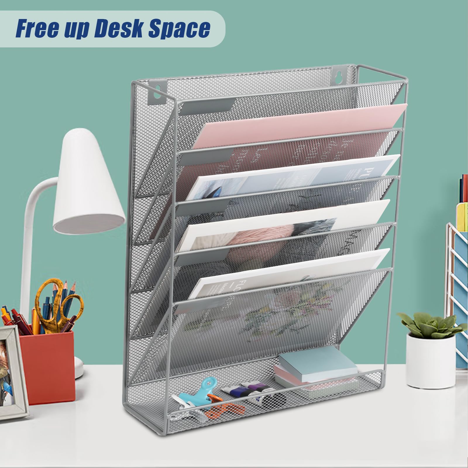 EASEPRES Desk File Organizer Mesh 6-Tier, Hanging Wall Mount Document Organization Stand, Desktop