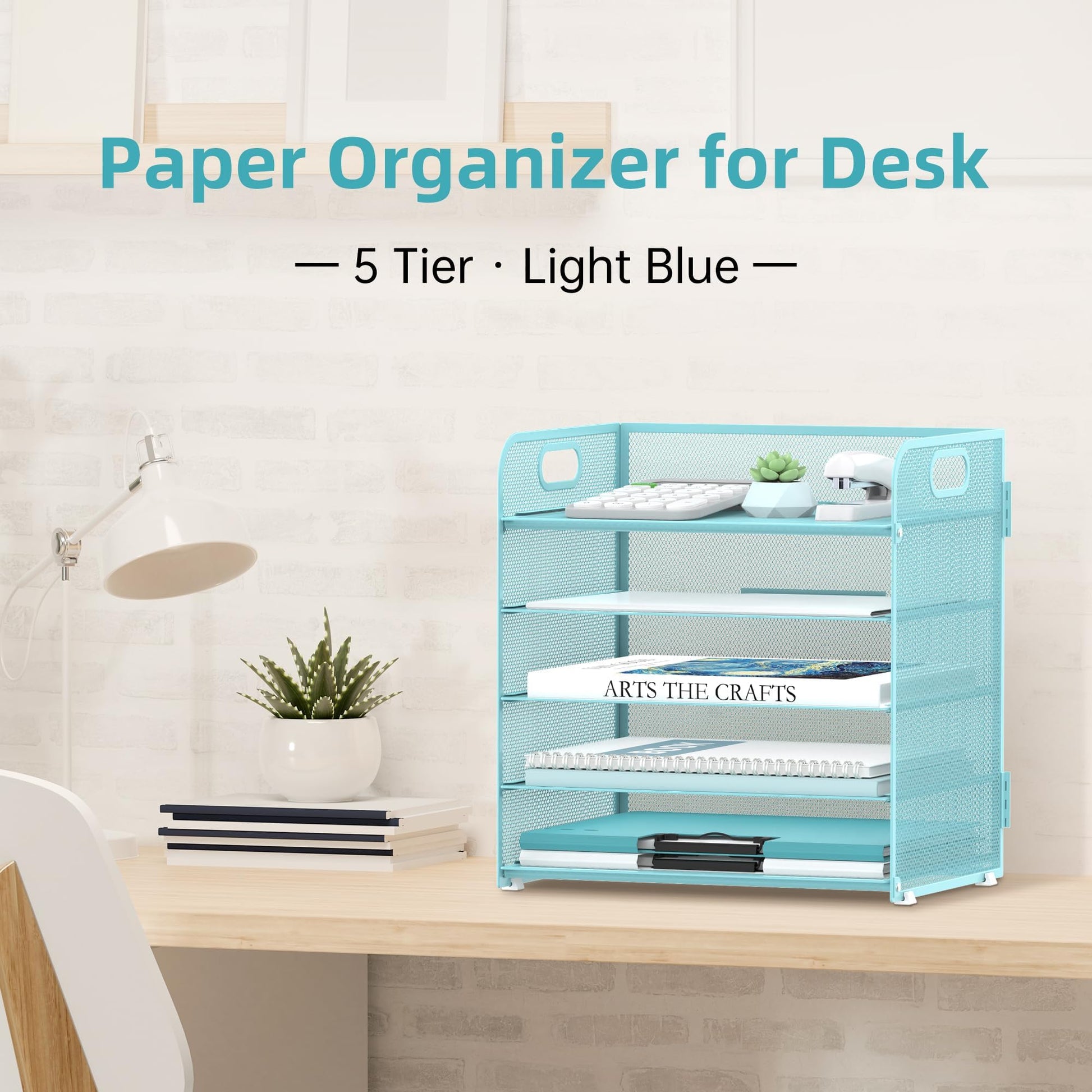 2 Pack 5-Tier Blue Desk Organizer with Handle Mesh Desk File/Paper Organizer Letter Tray for