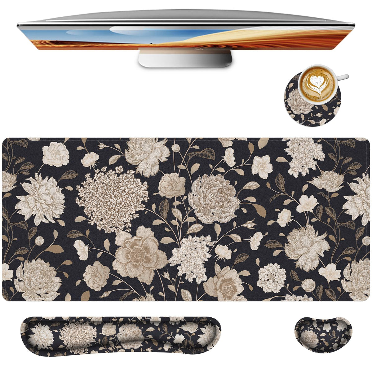 Floral Large Mouse Pad with Wrist Support Set of 4,Large Gaming Mouse Pad+Keyboard Rest+Mouse Wrist