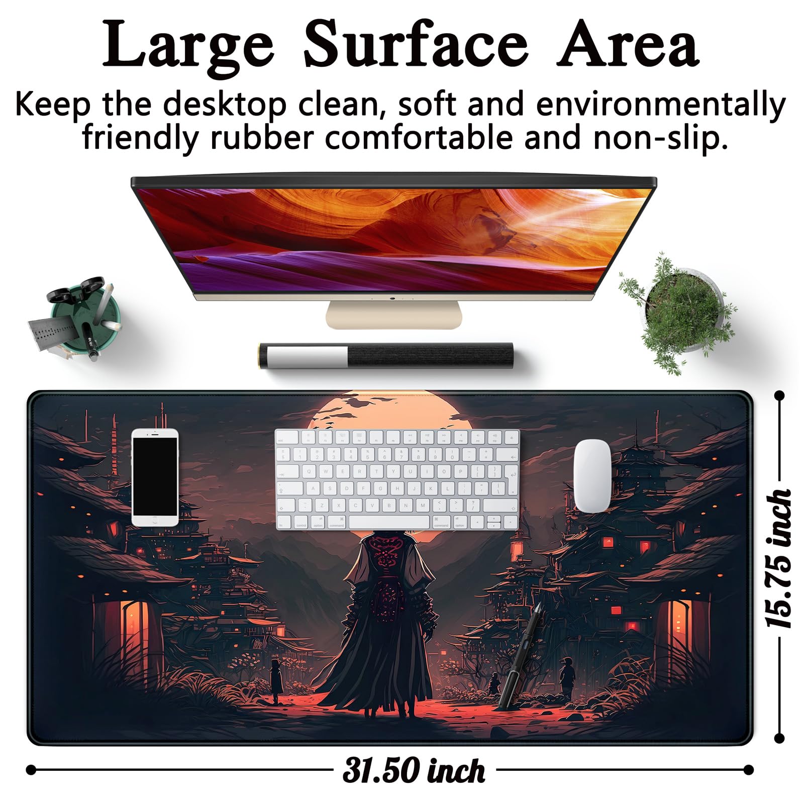 Japanese Landscape Desk Mat Post Moonlight Samurai Mouse Pad Large Dark Aesthetic Desk Pad Gaming