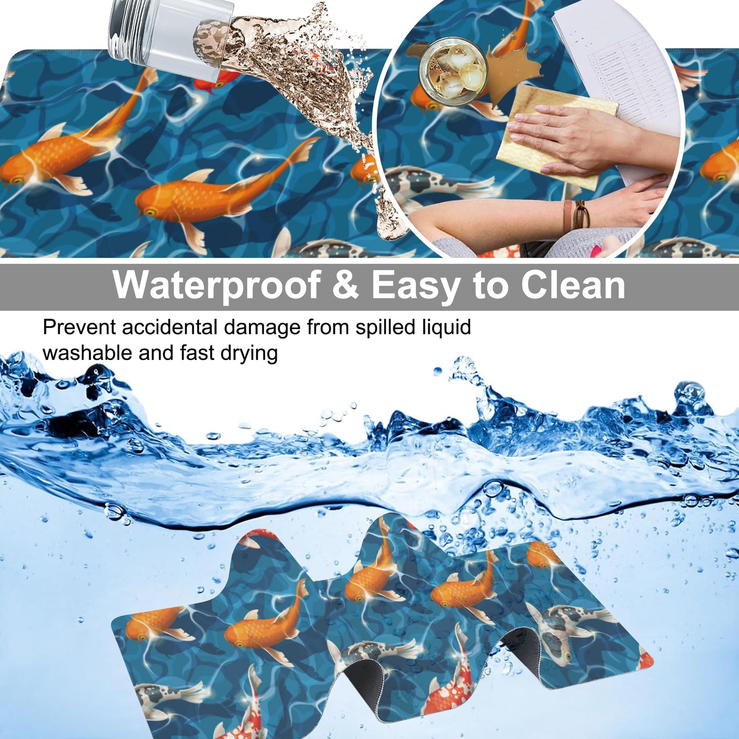 Koi Carps Desk Mat,Large Swimming Koi Fish Gaming Keyboard Mouse Pad,Non-Slip Rubber Base Desk Pad