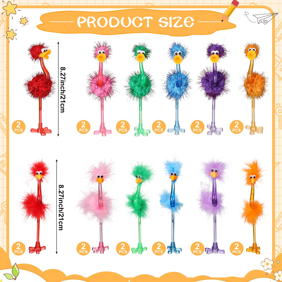 Tinlade 24pcs Fun Flamingo Ostrich Pens Fluffy Fuzzy Novelty Pen, Blue Ink