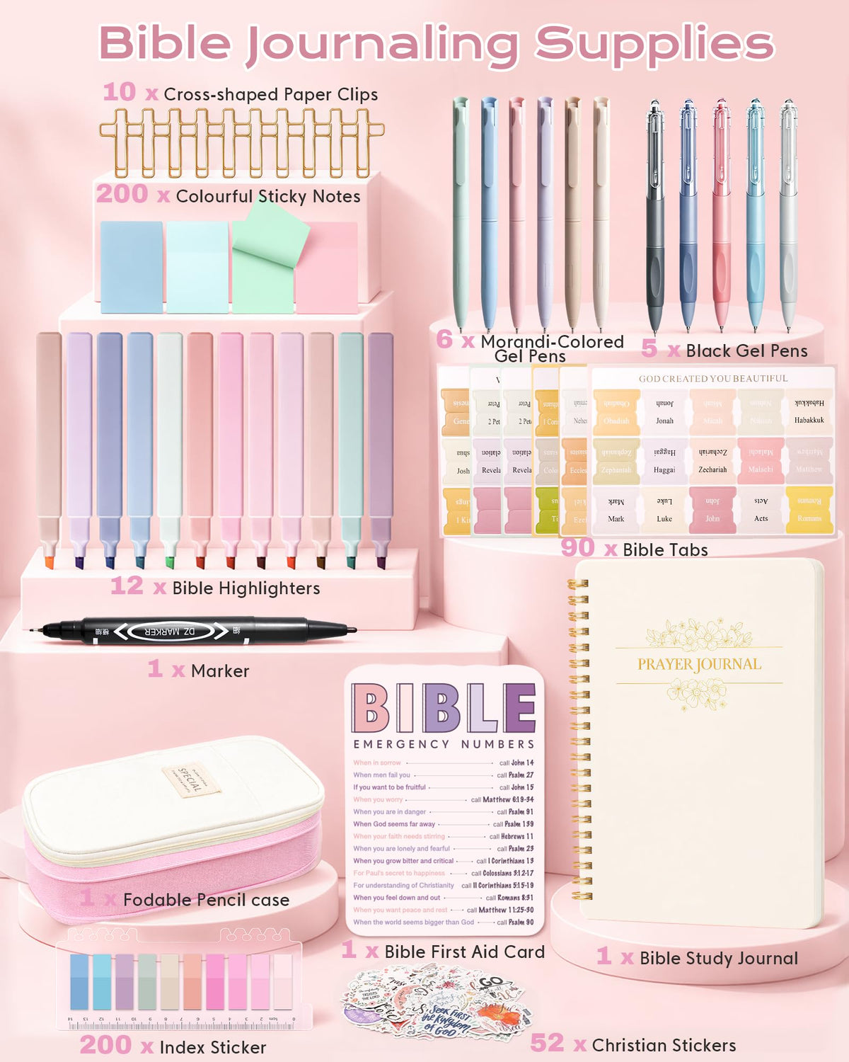 XKDOUS 40 Bible Study Kit, Journaling Supplies for Women with Case, Pink