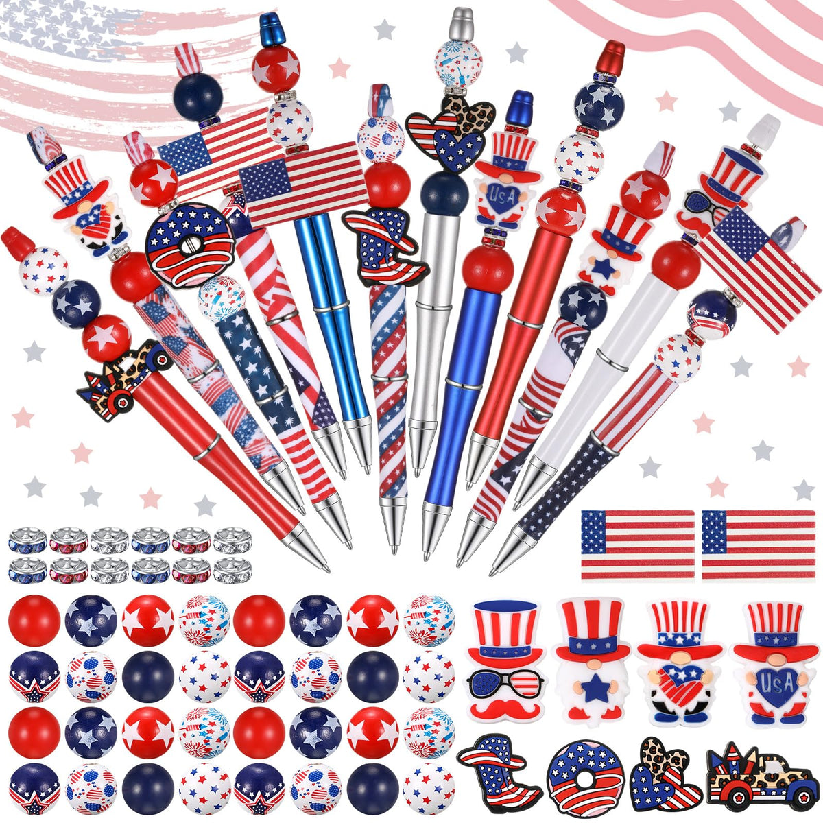 Geyee 12 Set Plastic Beadable Pens Assorted Bead DIY Pens, American Flag