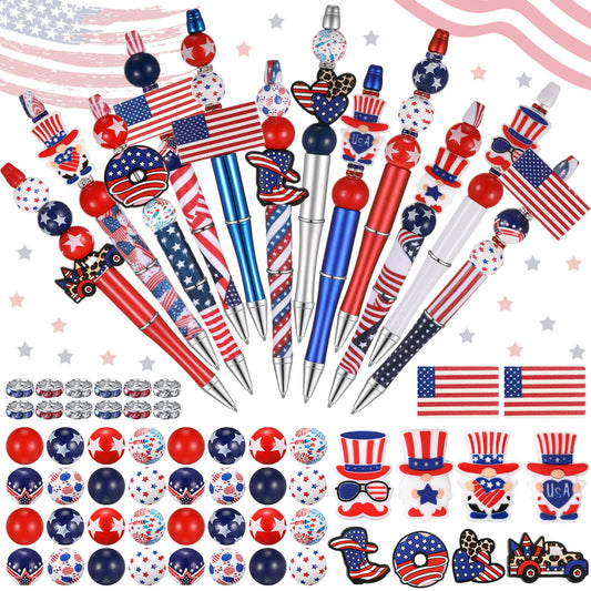 Geyee 12 Set Plastic Beadable Pens Assorted Bead DIY Pens, American Flag