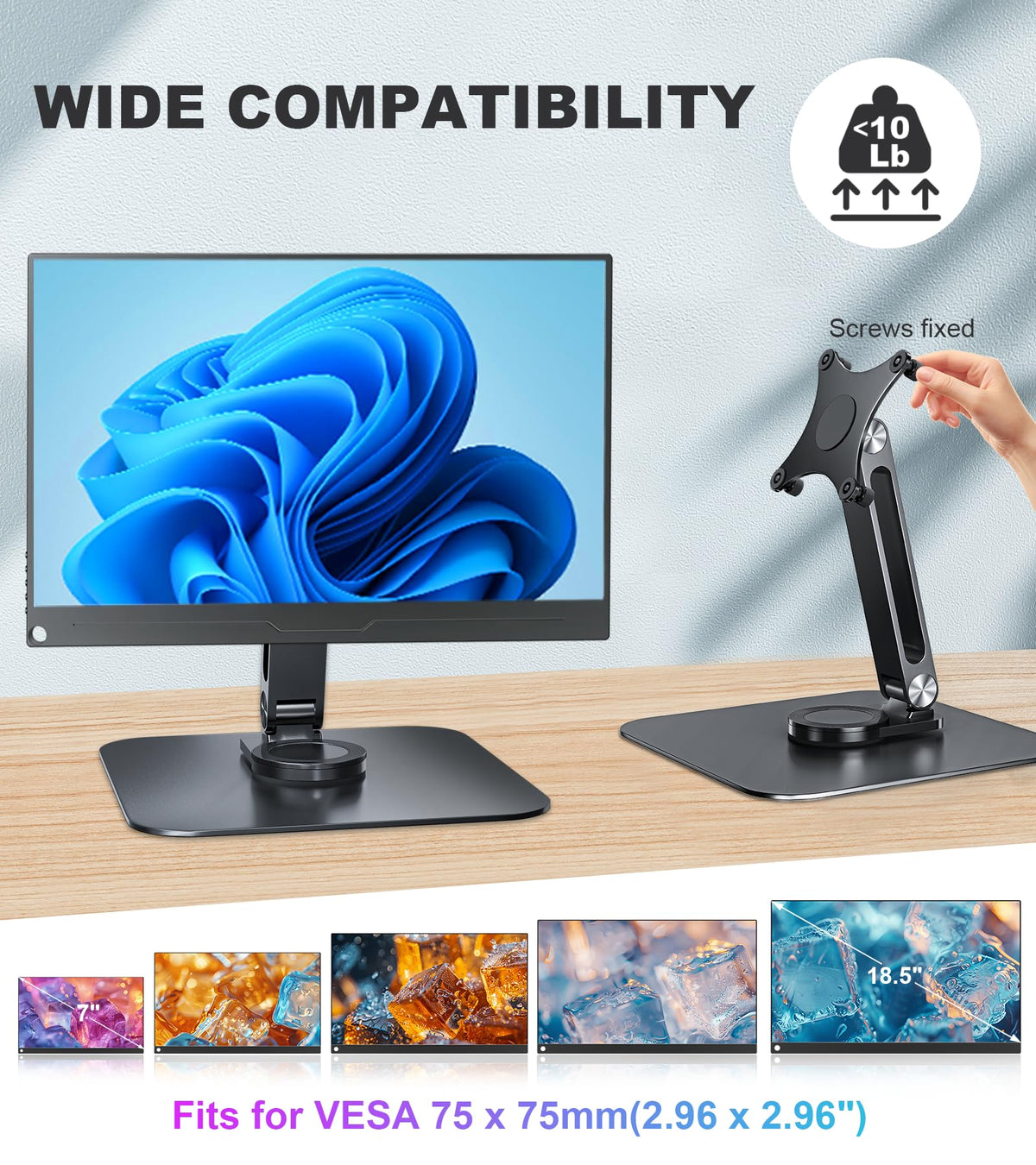 JUNEBOX Portable Monitor Stand VESA 75x75mm Holes M4 Anti-Loss Screws, Aluminum Alloy Base, Fits