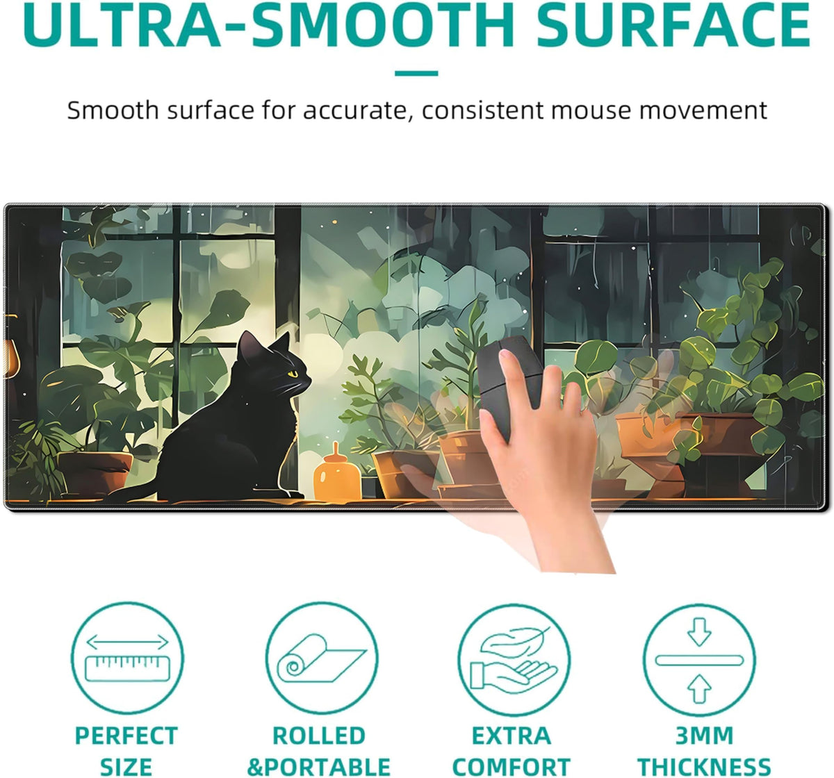 Cute Black cat Gaming Mouse Pad Green Plants Large Desk Mat, 31.5x11.8 Inch Mousepad Extended