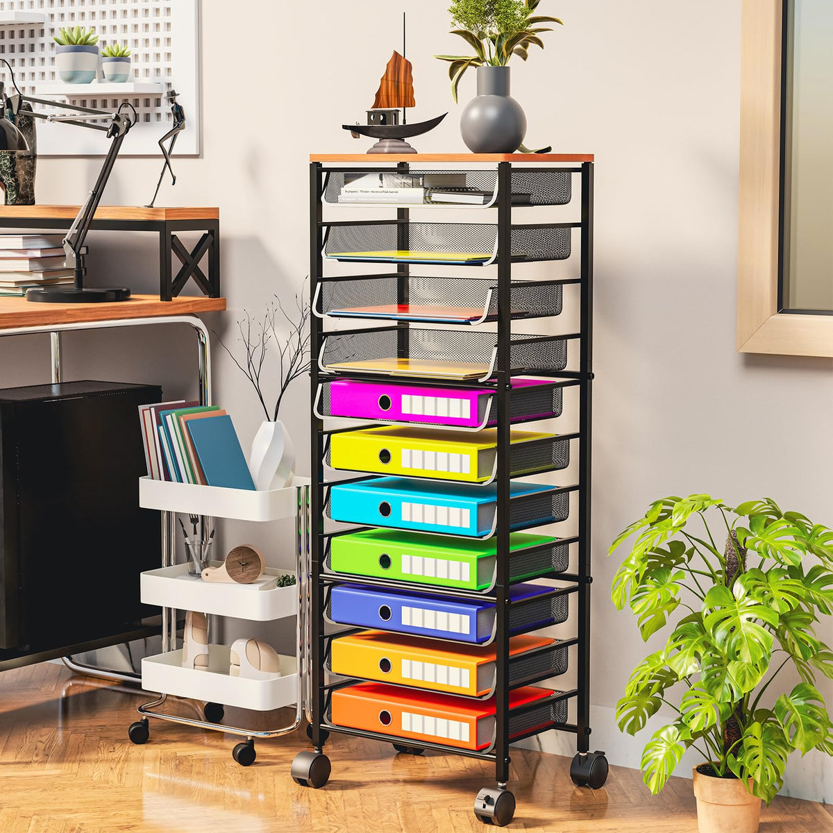 Simple Trending 12-Tier Rolling File Cart, Desk File Organizer with 11 Mesh Sliding Trays, Letter &