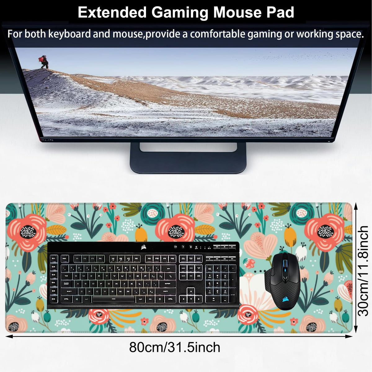 Colorful Flowers and Berries Desk Mat,Large Beautiful Floral Branches Gaming Keyboard Mouse