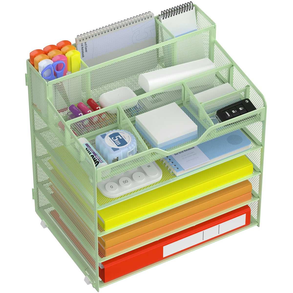 Docnest 5 Tier Mesh Desk Organizer with Letter Tray & Paper Sorter, Green