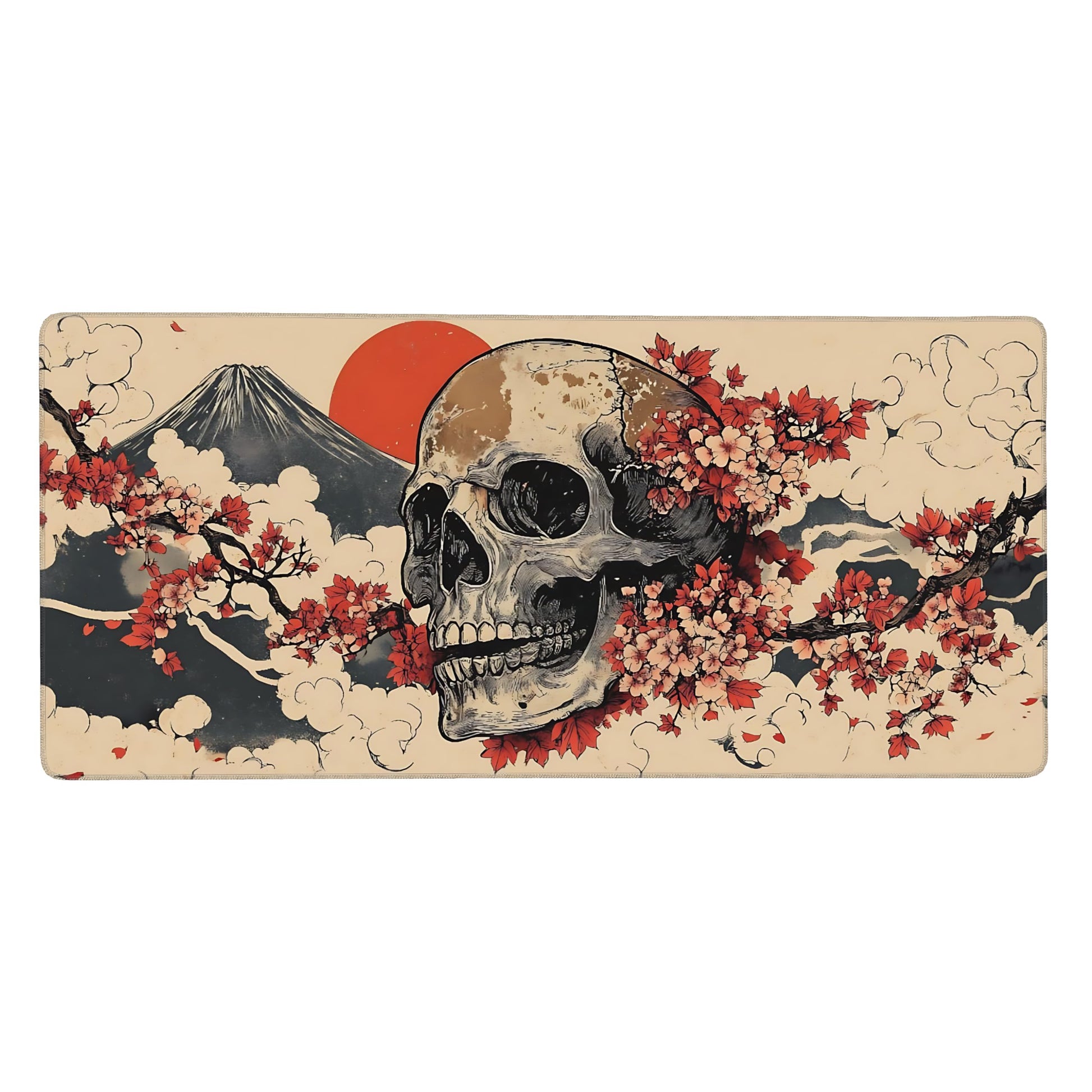 Aesthetic Skull Gaming Mouse Pad, Beige Red Japanese Desk Mat with Anti-Slip Base & Stitched Edges