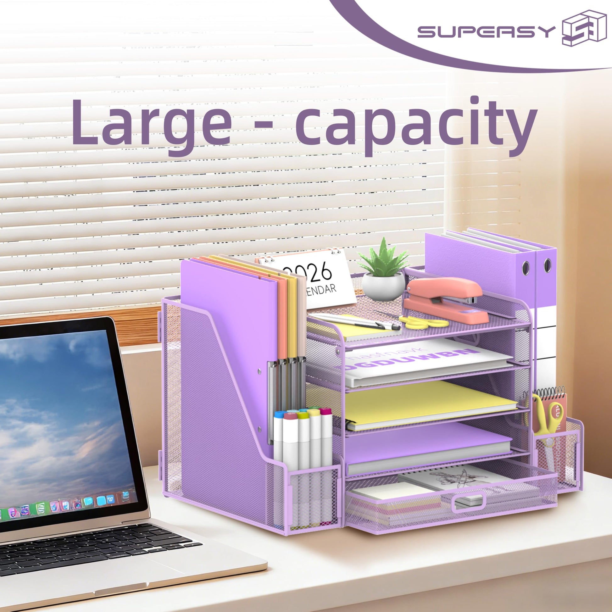 SUPEASY Mesh Desk Organizer with File Holder, 5-Tier Paper Letter Tray Organizer with Magazine