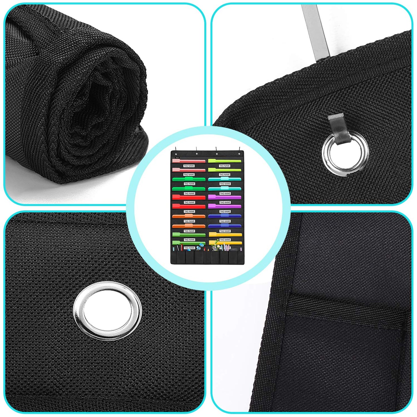 Sinzip Heavy Duty 20 Pocket Door Hanging File Organizer with Name Tag Holders, Black Wall Storage