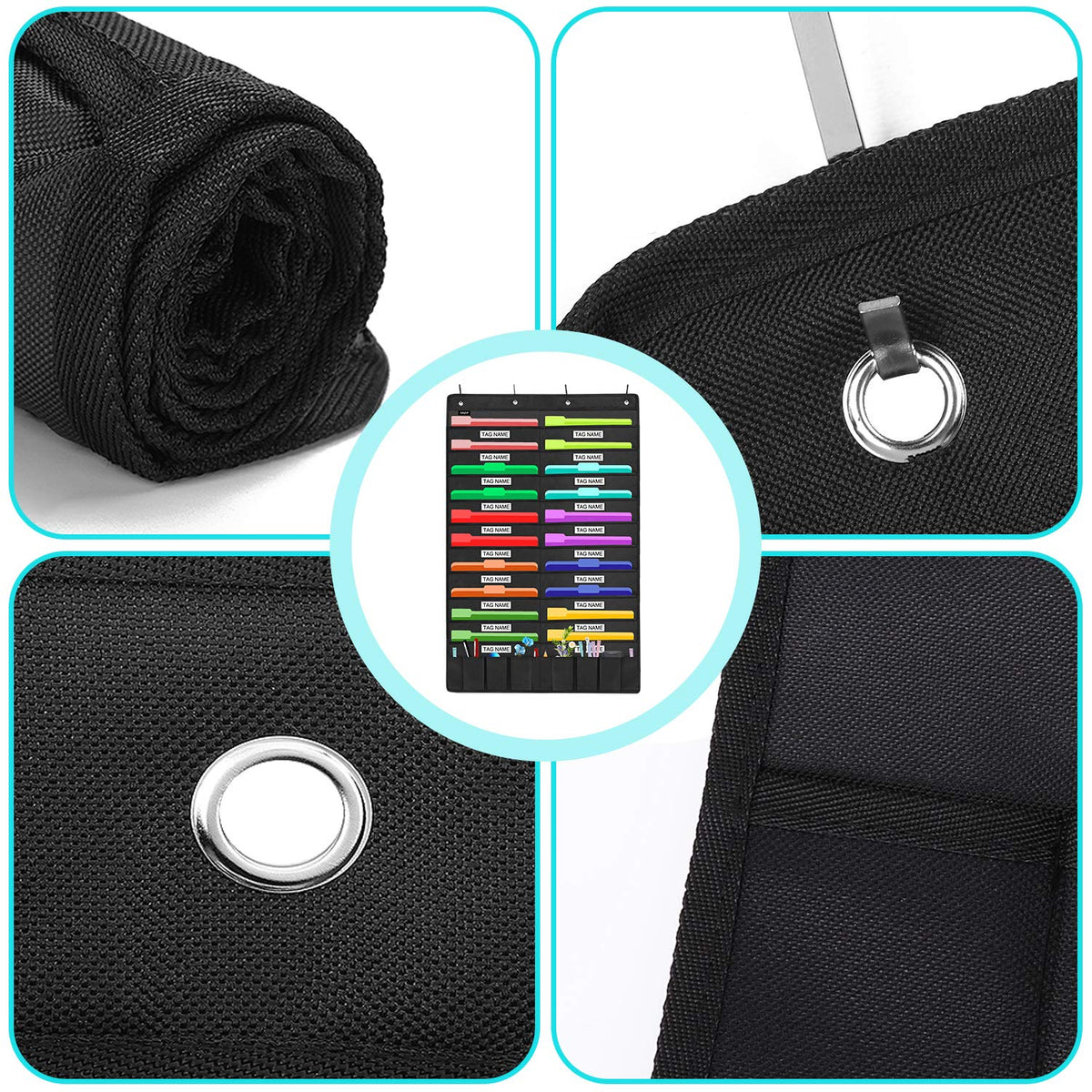 Sinzip Heavy Duty 20 Pocket Door Hanging File Organizer with Name Tag Holders, Black Wall Storage