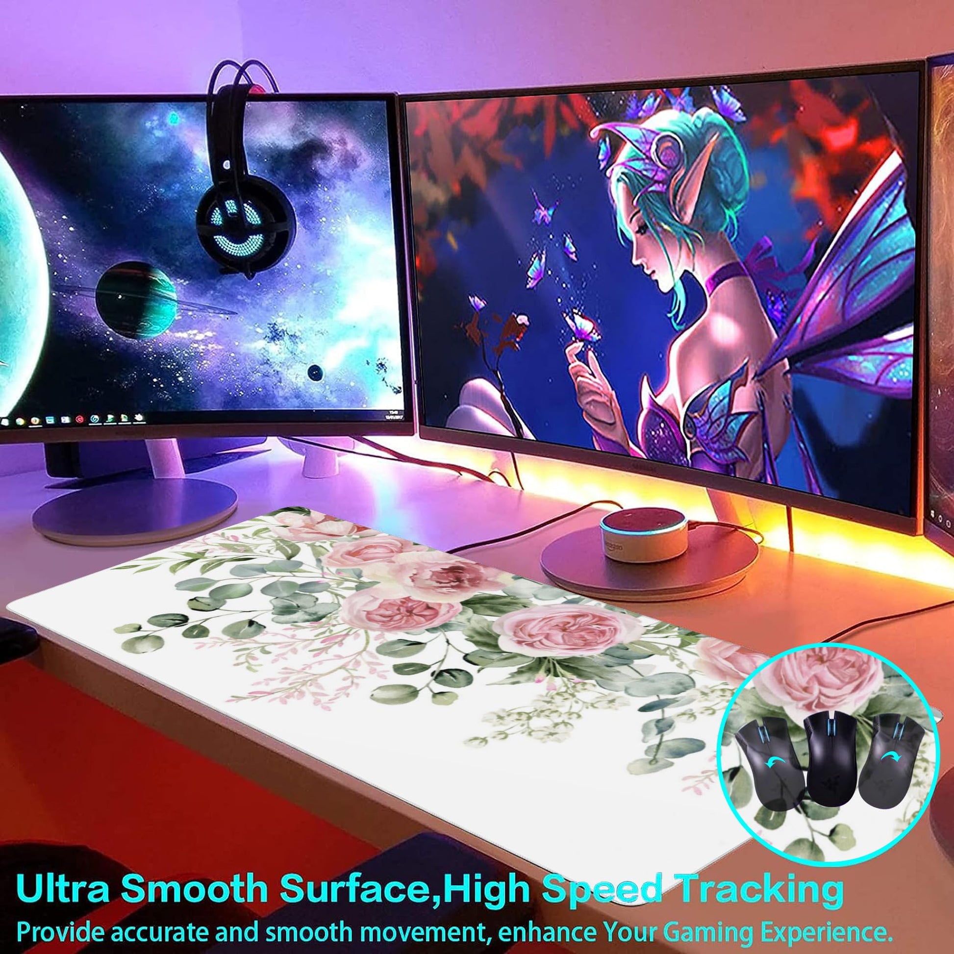 Desk Mat,Peony Flowers and Eucalyptus Leaves Large Gaming Mouse Pad for Desk XXL,Pink Floral Desk